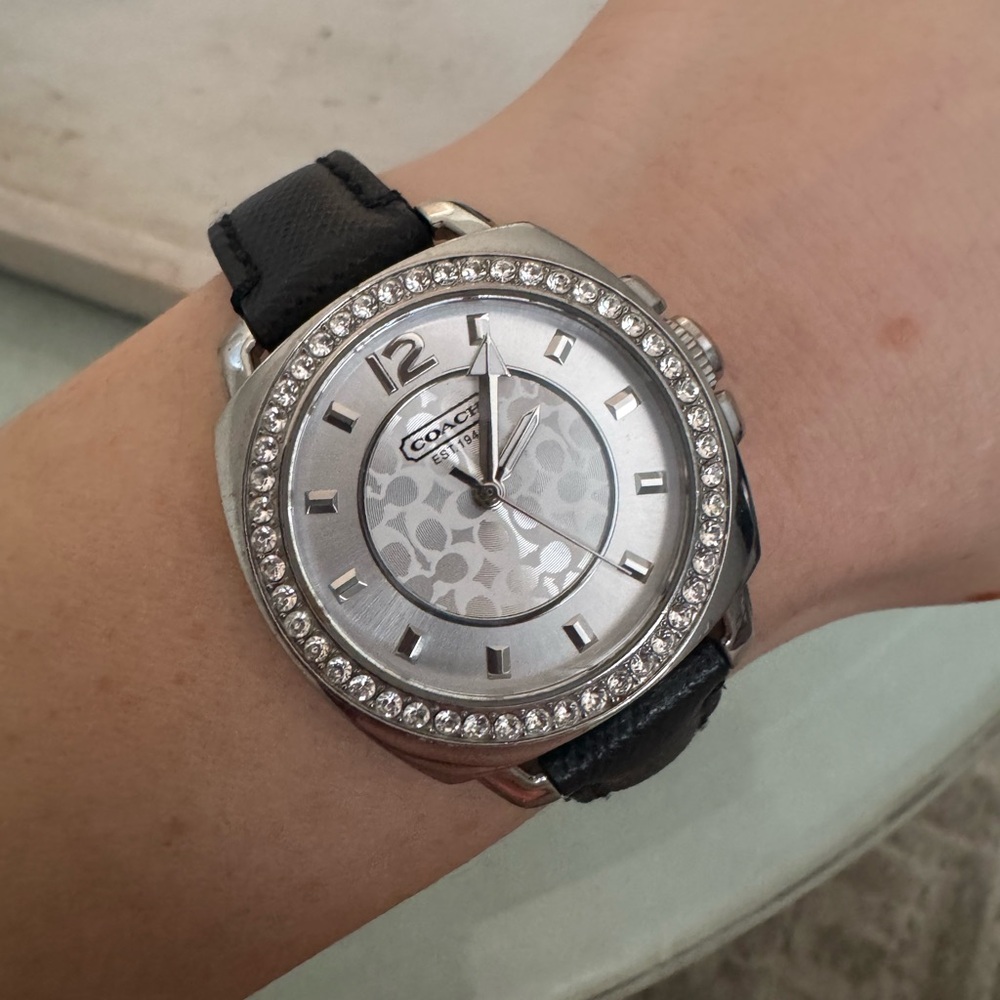Coach Silver Watch Black Leather Band